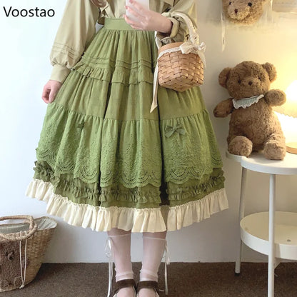 Mori Girl Style Lolita Midi Skirt Women Vintage Embroidery Lace Floral Bow Ruffles Long Skirts Female Prairie Chic Party Skirt