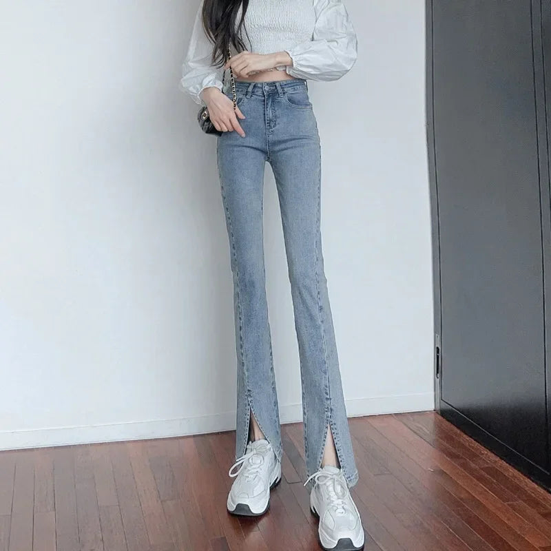 American Style High-waisted Slimming Jeans For Women Summer Side Slit Micro Flare Elasticity Slimming Dragging Long Pants