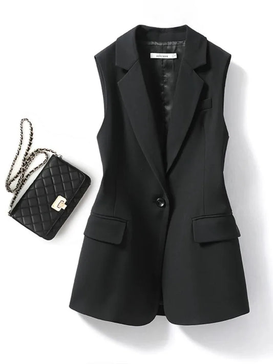 Women's Lapel Collar Vest Coat  All-Matched Single Breasted Sleeveless Classic Solid Color Chic Vintage Office Lady Jacket