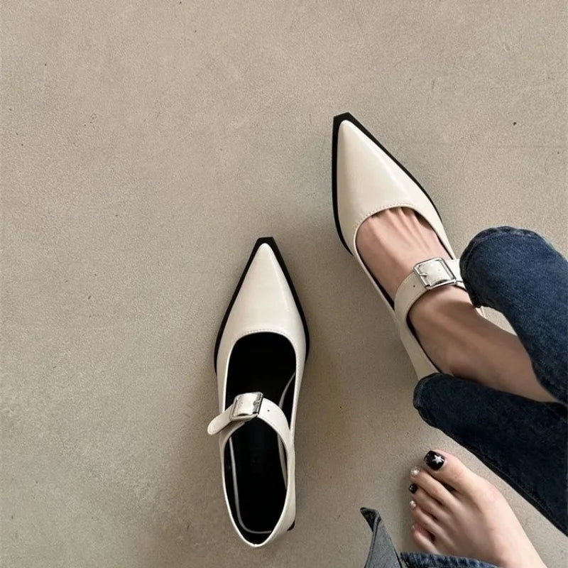 2023 Spring Mary Jane Shoes Pumps Women Low Heels Elegant Leather Pointed Toe Footwear Party Office Lady Shoes