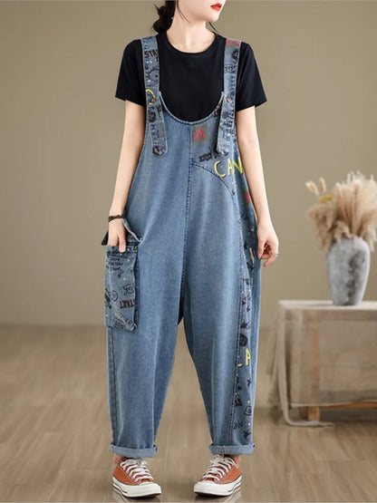 Oversized Jeans Spring Overalls Pant Women Print Patchwork Fashion Casual Ladies Trousers Loose Pleated Woman Overalls Pants