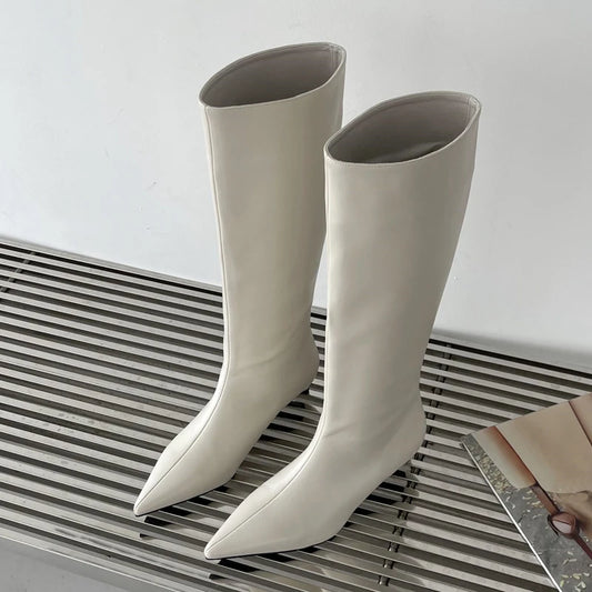 Eilyken High Quality Soft Leather Pointed Toe Knee-High Boots Woman Cosy Slip-On Low Heels Spring Autumn Ladies Shoes