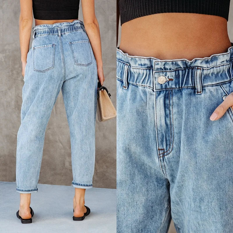 Women Jeans Washing Straight Pants Denim Loose Fit Pockets High Waist Basics Zipper Fly Flat Spring Solid Streetwear 2024