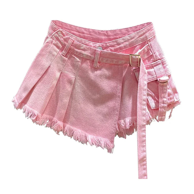 Irregular Pink Denim Skirt Women's Summer High Waist Slimming False Two-Piece A- Line Workwear Short Mini Skirts 2024