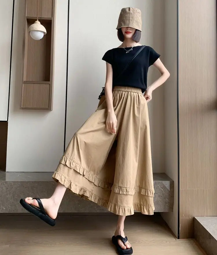 Summer cute casual high-waisted casual pants stitching lace design Mori sweet loose slim nine-minute wide leg pants