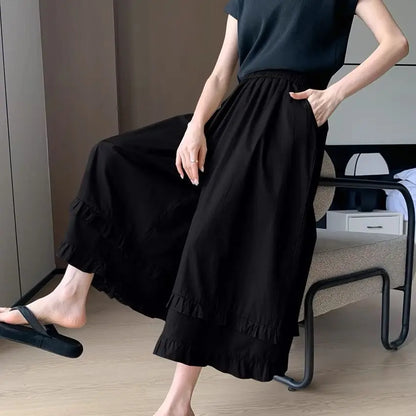 Summer cute casual high-waisted casual pants stitching lace design Mori sweet loose slim nine-minute wide leg pants