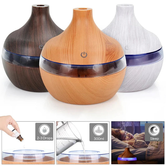 300ML Electric Aroma Diffuser Air Humidifier Essential Aroma Oil Diffuser Ultrasonic Wood Grain Humidifier USB Mini Mist Maker