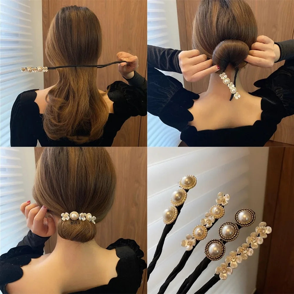 Women Easy Hair Bun Maker Floral Crystal Donut Updo Hair Stick Diy Plate Hair Bendable Hairband Chignon Hair Accessories Gift