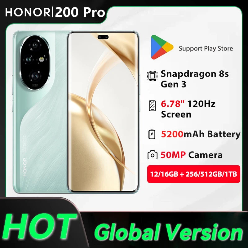 Original Global Version HONOR 200 Pro Snapdragon 8s Gen 3 5G Smartphone 6.78'' 120Hz AMOLED Display Support HONOR 100W