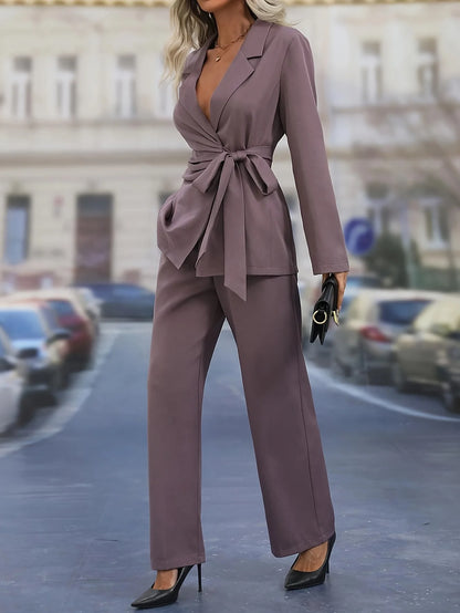 New 2024 Women's Formal Business Suit Sets Office Wear Two Piece Blazer Pants Sets Professional Woman Suit With Waist Tied Sets