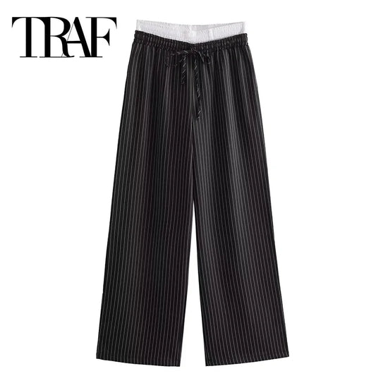 TRAF Striped Black Wide Leg Pants Women High Waist Baggy Pants Woman Fashion Casual Elastic Waist Women's Pants Summer Trousers