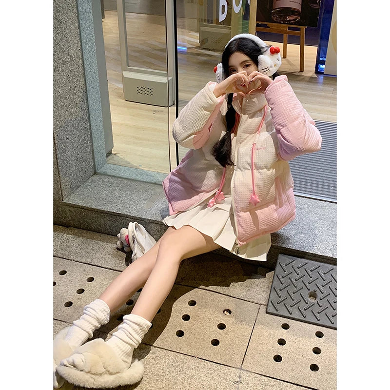 Autumn Winter Women Pink Down Jacket Korean Style Loose Cute Bunny Design Cotton-padded Coat Thick Warm Outerwear Female Y2K