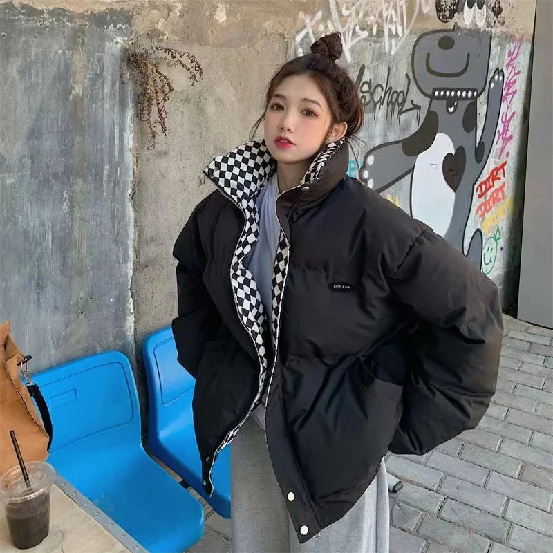 2024 New Winter Down Cotton Jacket Women Zipper Loose Padded Coat Female Solid Thickening Warm Puffer Parkas Jackets Black White