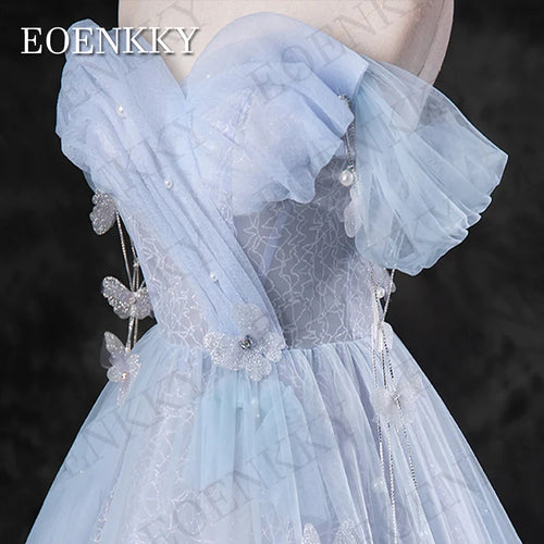 Blue Off Shoulder Princess Prom Dress Sparkly Beading Celebrity A Line Pearls Birthday 3D Flowers Evening Gown вечернее платье