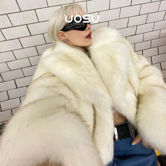 Gradient Cropped Fluffy Fur Jacket Women Coat 2023 Winter Chic Thicken Faux Fox Fur Outerwear Luxury Brand Runway Fashion Outfit