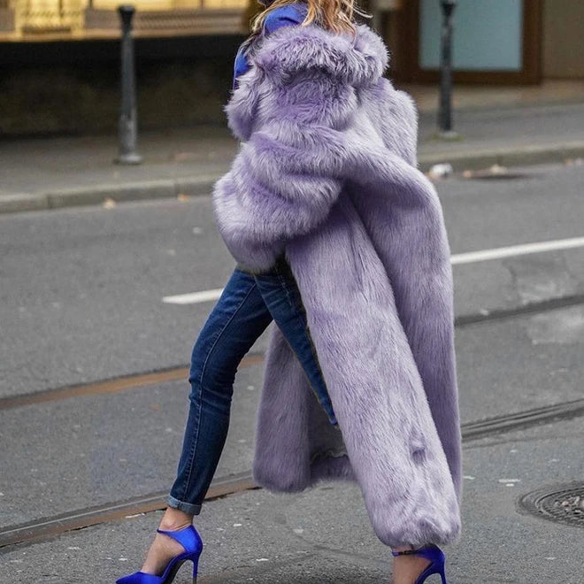 Women Purple Thick Faux Fur Jacket Colorblock Autumn Winter Maxi Coat Long Warm Luxury Belt Fur Parkas Bontjas Furry Outerwear