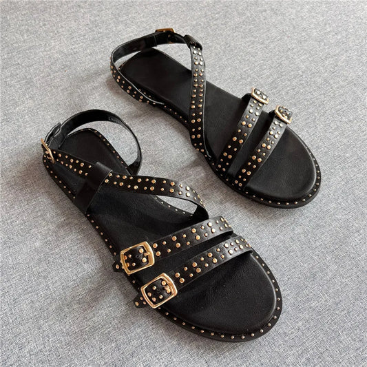 Women's Sandals Summer 2024 Rivets Studded Gladiator Sandalias Black Flat Shoes Ladies Casual Beach Flats Designer Zapatos Mujer