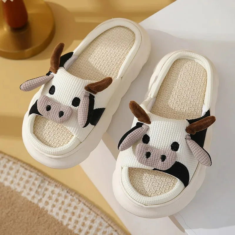 Women Milk Cow Linen Slippers Four Seasons Men Indoor Sandals Adults Cartoon Slides Couples Cute Breathable Home Shoes