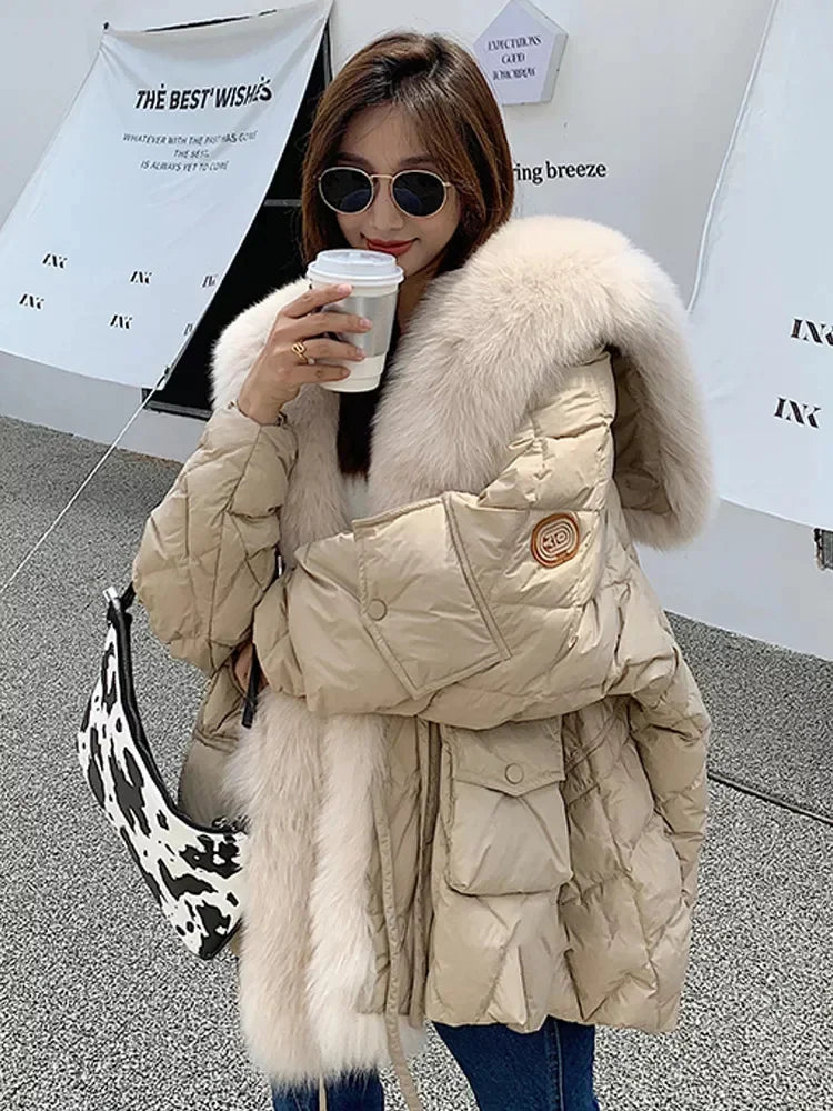 2024 Luxury Fox Fur Collar Long Coats 2024 Women Winter Soft Warm Loose Jacket Puffer Parka Female Windproof Snow Outwear Coats