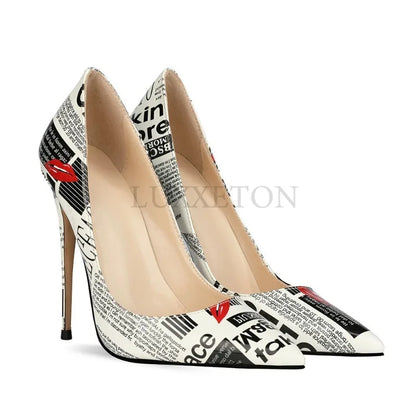 12cm Graffiti Ultra-high Heels Pointed Street Photos Fashion Shows Princess Shoes Casual and Versatile Women Shoes 34-44