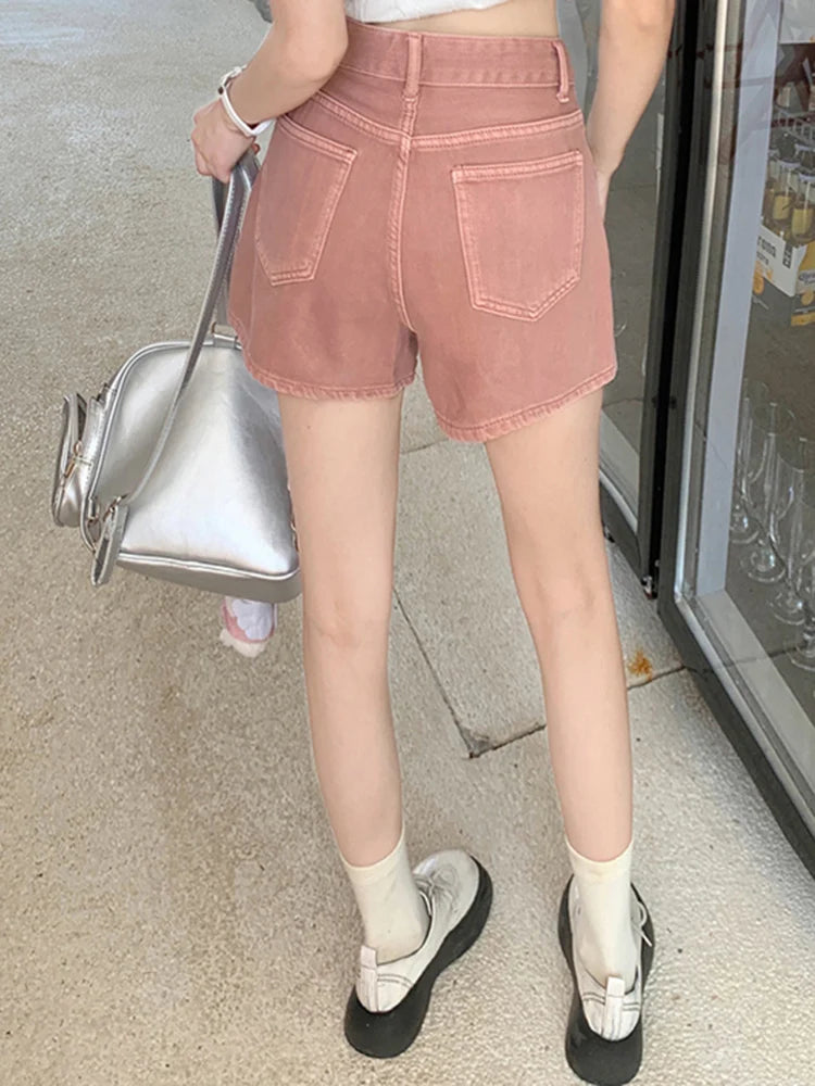 2024 Summer Female High Waist Korean Short Jeans Lady Fashion Casual Denim Pants Woman Blue Beige Pink Students Wide Leg Shorts