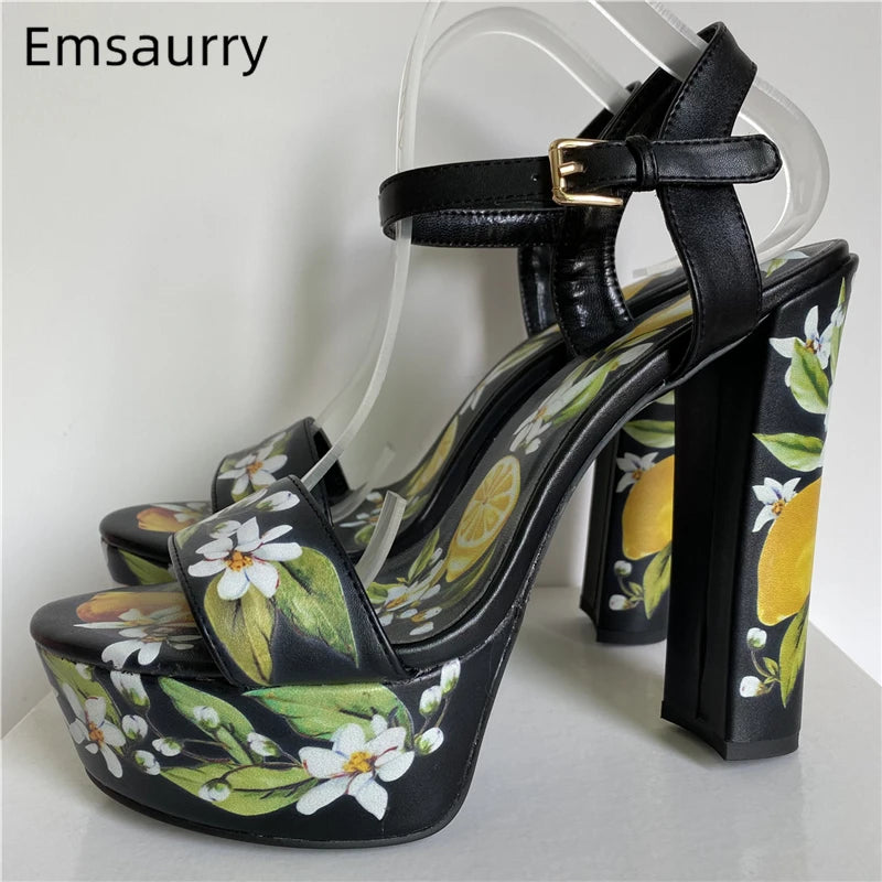 Print Flower Genuine Leather Sandals Women Chunky Heel High Platform Ankle Strap Open Toe Summer Shoes For Girls