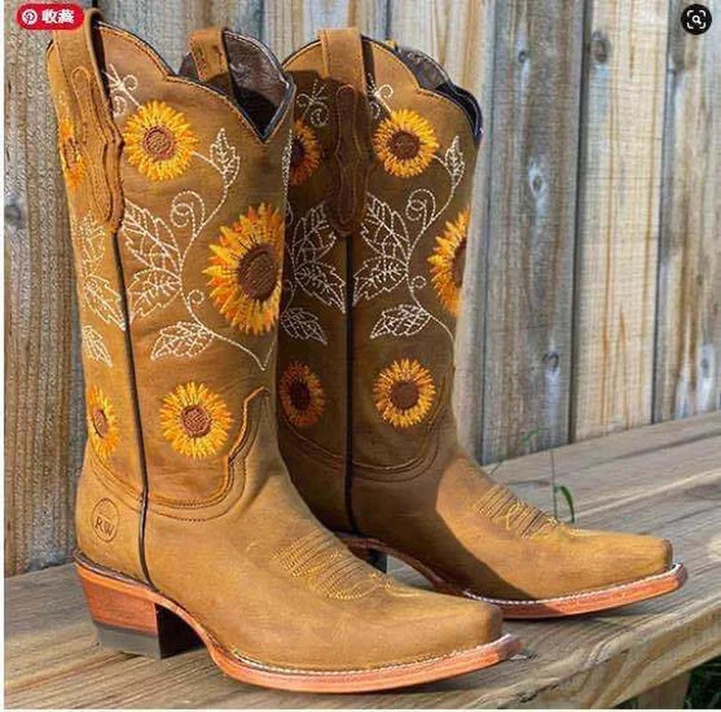 Women Shoes Mid-calf Boots Sunflower Printed Boots Thick Heel Leather Cowboy Boots Plus 35-43