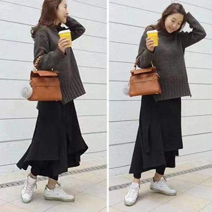 Trousers Skirt High-Waist Elastic Waistband Thickened Leggings Skirt Women Fake Two Piece Fleece Lining Maxi Skirt