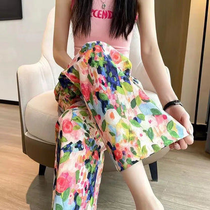 Elastic High Waist Wide Leg Pants Loose Straight Beach Holiday Casual Trouser Women Clothing Clothing Autumn Thin Bohemia