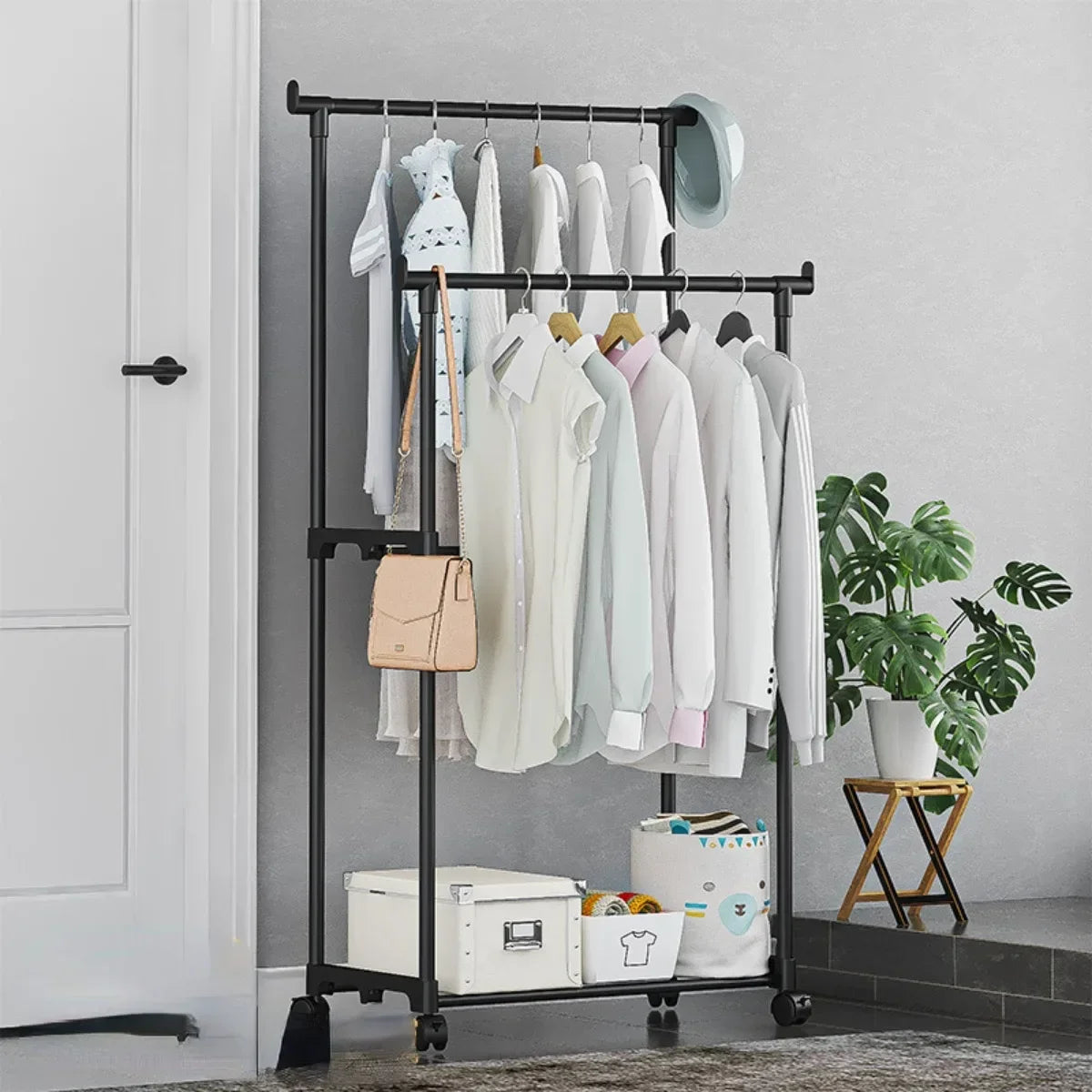 Simple Wheeled Coat Rack Double Simple Rod Clothes Coat Shelf Bedroom Hanging  Rack Roll Floor-Stand Telescopic Storage Clothes