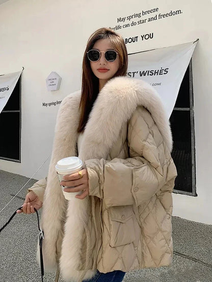 2024 Luxury Fox Fur Collar Long Coats 2024 Women Winter Soft Warm Loose Jacket Puffer Parka Female Windproof Snow Outwear Coats