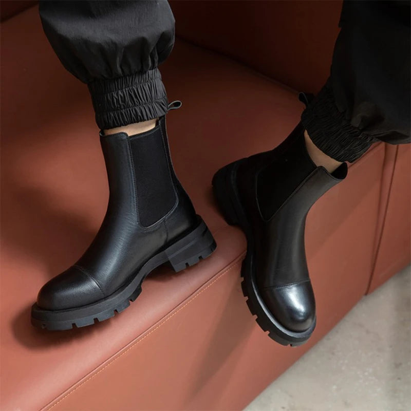 HOT Sales Fall/Winter Shoes Women Leather Ankle Boots Women Round Toe Thick Heel Shoes Solid Chelsea Boots Casual Women Boots