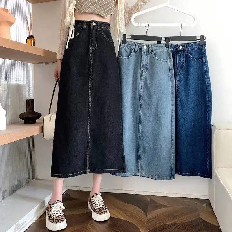 Charcoal Greydenim Skirt Women's Medium-length High-waisted Slimming Vintage Fashionable Spring Autumn New Style A- line Skirt