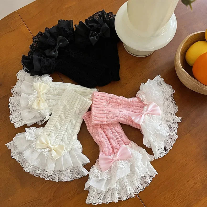 Women Fake Sleeve Knitted Ruffles Cuffs Lolita Black White False Sleeves Lace Cuffs Detachable Wrist Warmer for Shirt Sweater