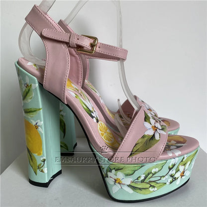 Print Flower Genuine Leather Sandals Women Chunky Heel High Platform Ankle Strap Open Toe Summer Shoes For Girls