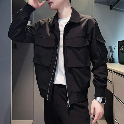 Zipper Jacket Men's Solid Color Zipper Closure Jacket with Lapel Buttons Multiple Pockets Casual Hip Hop Streetwear for Smooth