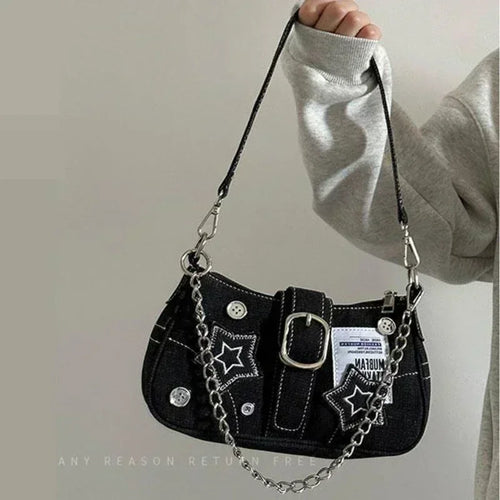 Y2k Fashion Women's Handbags Stars Pattern Cool Girls Underarm Bag Fashion Canvas Female Small Shoulder Bags Chain Tote Purses