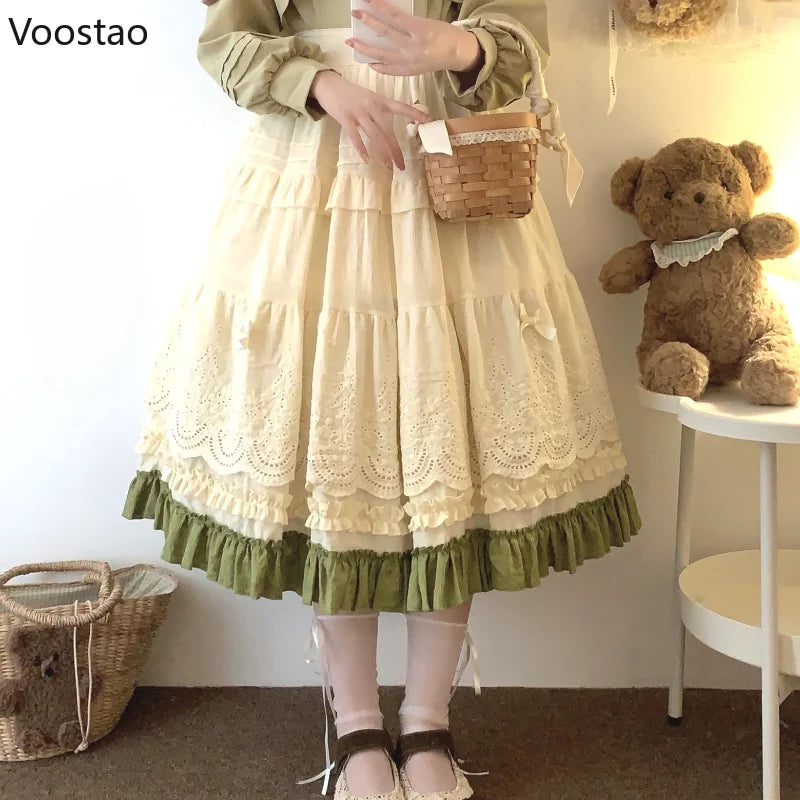 Mori Girl Style Lolita Midi Skirt Women Vintage Embroidery Lace Floral Bow Ruffles Long Skirts Female Prairie Chic Party Skirt