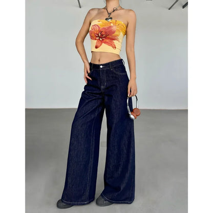 2024 Blue Women Jeans High Waist Vintage Straight Baggy Denim Pants Streetwear Y2K American Style Fashion Wide Leg Denim Trouser