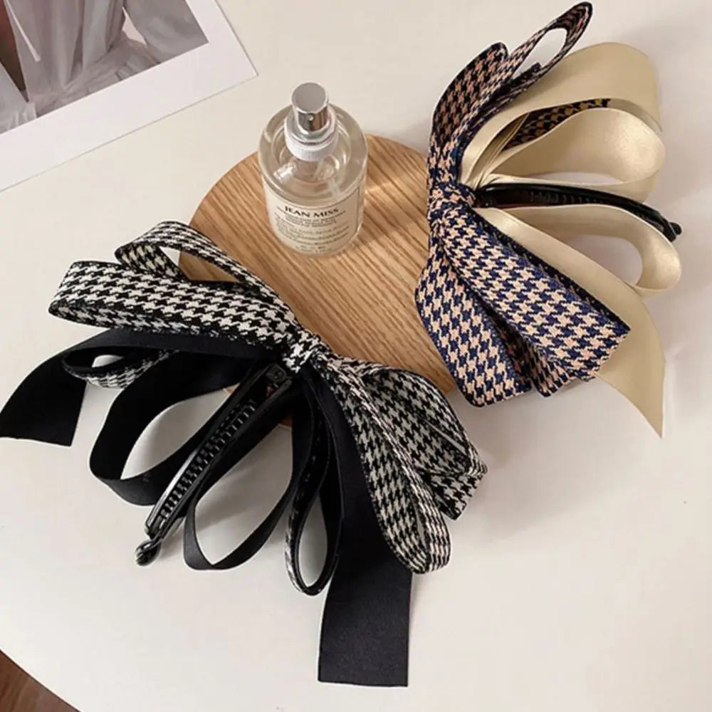 Ornament Cloth Resin Fashion Design Houndstooth Bow Banana Clip Women Hair Accessories Korean Style Hair Wear Vertical Clip