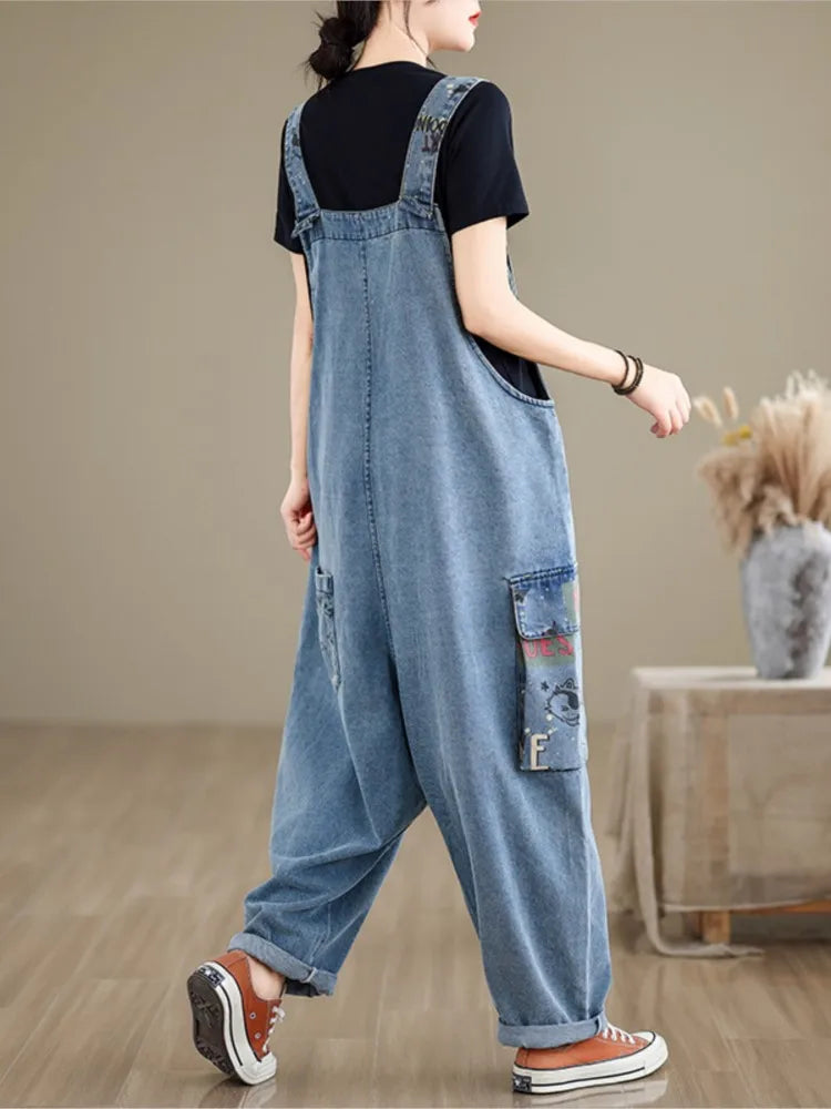 Oversized Jeans Spring Overalls Pant Women Print Patchwork Fashion Casual Ladies Trousers Loose Pleated Woman Overalls Pants