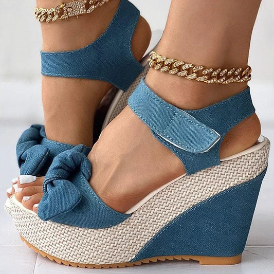 Brand New Ladies Platform Denim Sandals Fashion Bow Mixed Colors Wedges High Heels women's Sandals Casual Party Woman Shoes