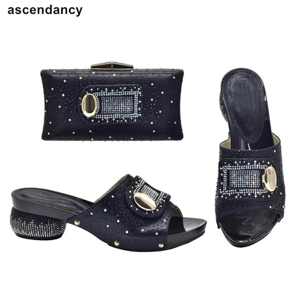 Black Color Italian Shoes and Bag Set Decorated Wit Rhinestone Nigerian Women Wedding Shoes and Bag Set African Party Shoes Bag