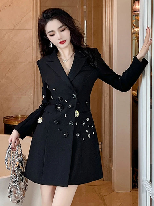 Exquisite Luxury Black Suit Coat Women's French Diamond Sequin Flower OL Professional Business Jacket Femme Outerwear Party Tops