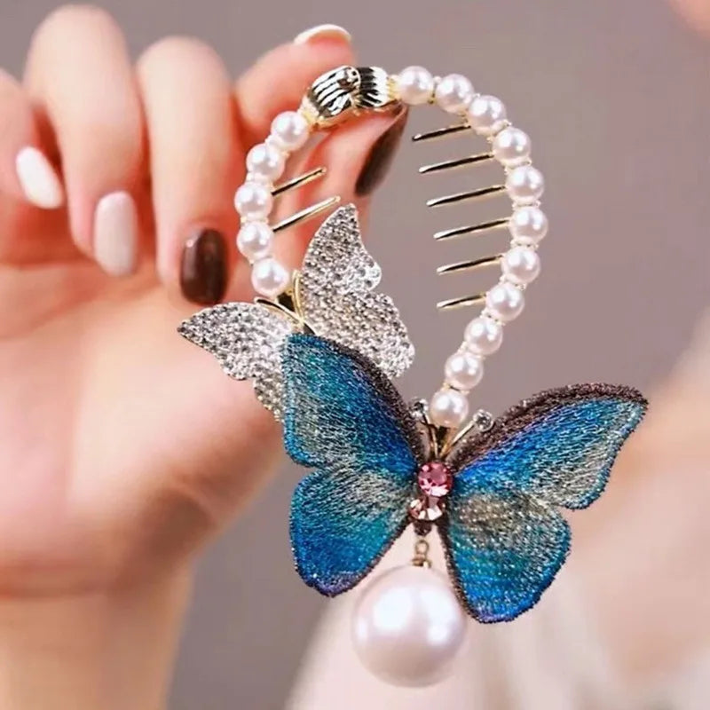 New Luxury Braided Glaring Bow Hair Clips Pearl Butterfly Hairpin Ponytail Buckle Hair Pin Claw Korean Clipper Accessories