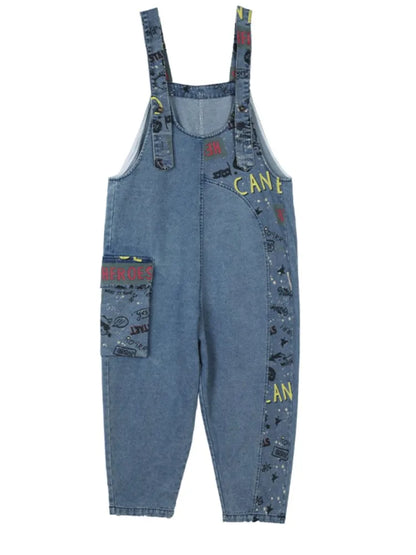 Oversized Jeans Spring Overalls Pant Women Print Patchwork Fashion Casual Ladies Trousers Loose Pleated Woman Overalls Pants