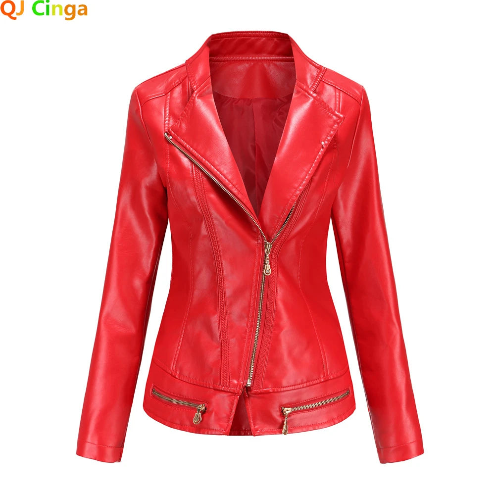 New Arrival 2024 Brand Spring Autumn Motorcycle Leather Jackets Red PU Jacket Women Slim Coat Black Green S-4XL