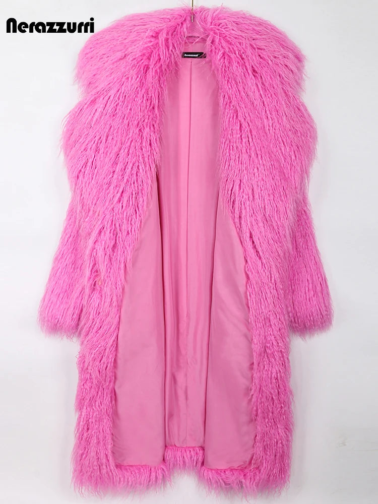 Nerazzurri Winter Long Bright Pink Oversized Shaggy Hairy Soft Fluffy Thick Warm Faux Fur Coat Women Lapel Runway Cute Fashion