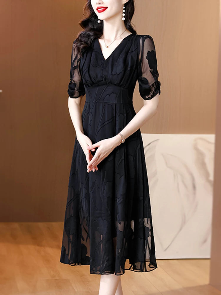 2024 Black Floral Chiffon Dress Summer Casual Midi fashion Women Dress Vintage Elegant V-Neck Party Evening Luxury Long Dresses