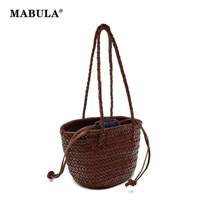 MABULA Vegant Leather Woven Tote Bag for Women Classical Handwoven Drawstring Shoulder Shopper Purse Big Capacity Beach Handbag